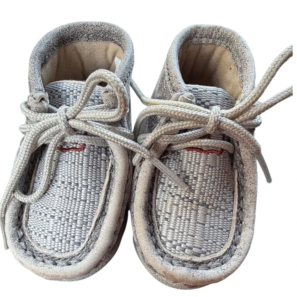 Twisted X Infant Grey Crackle Leather Woven Moccasins ICA0012 Size 2M